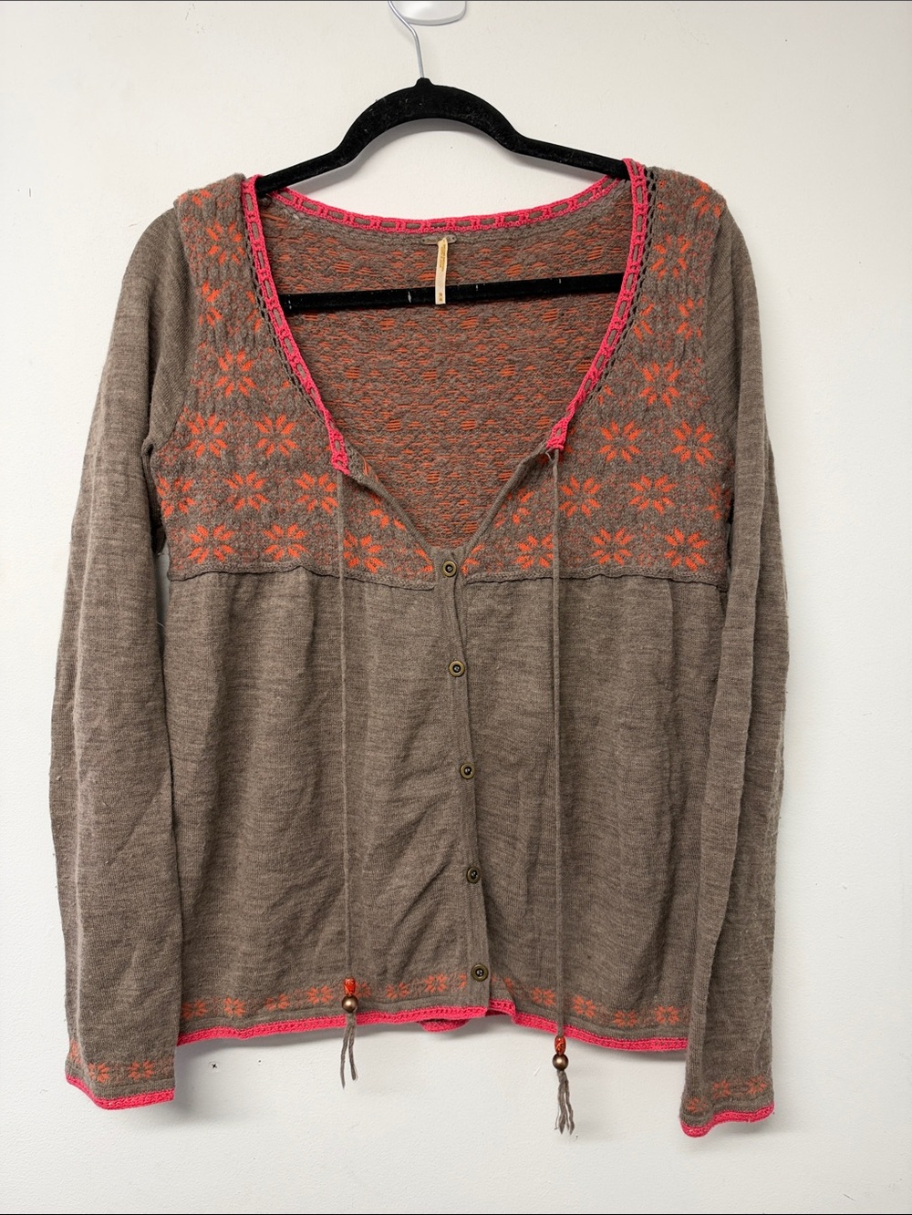 Free People Taupe Cardigan with Coral Trim and Floral Yoke
